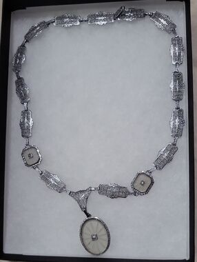 Silver-Tone Art Deco Mother-of-Pearl Pendant Necklace Wedding Jewelry